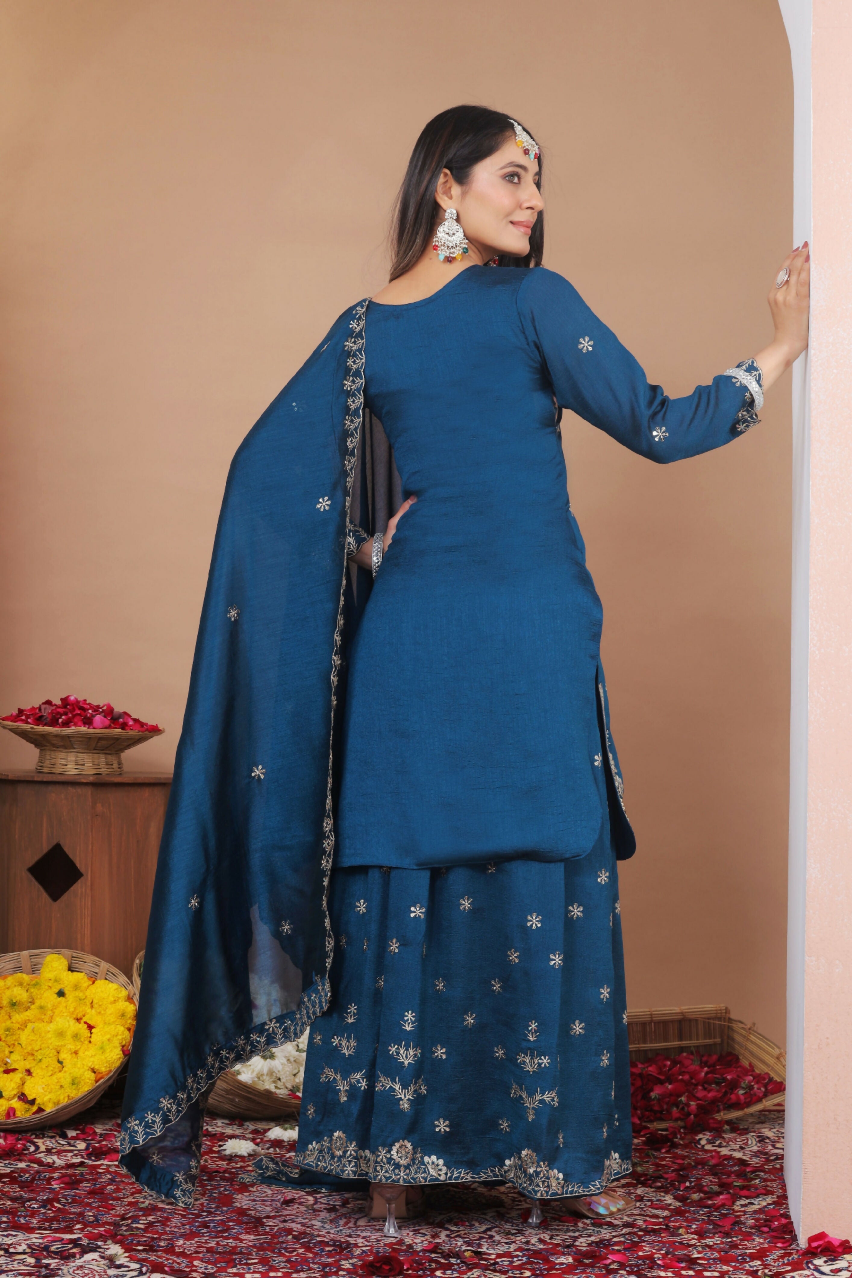 Lehenga Mart Designer Sharara Suit With Kurta, Sharara, Dupatta For Women-Teal Blue - Distacart