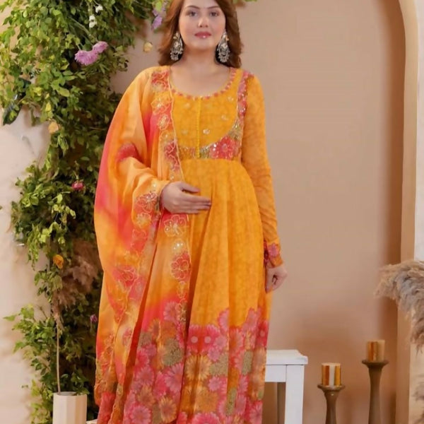 Teeya Creation Multi Color Organza Silk With Digital print With Embroidery Gown