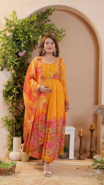 Teeya Creation Multi Color Organza Silk With Digital print With Embroidery Gown
