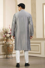 Thumbnail for Raivat Ethnic Banarasi Art Silk Thread and Mirror Work Kurta Pajama In Grey Colour
