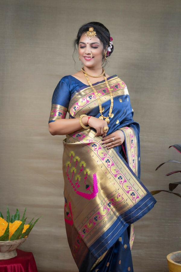 Jyoti Fashion Women's Blue Paithani Silk Zari Woven Saree with Blouse - Distacart