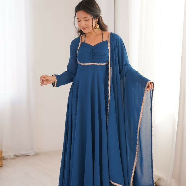Teeya Creation Blue Faux Georgette Designer Party Wear Long Gown - Distacart