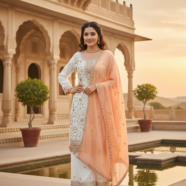 Teeya Creation White Color Faux Georgette Embroidery Work Long Party Wear Palazzo Suit - Distacart