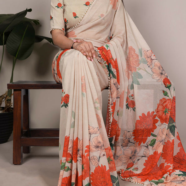 Vastranavya Off White Weightless Marble and Floral Printed Georgette Saree with Unstitched Blouse - Distacart