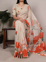 Thumbnail for Vastranavya Off White Weightless Marble and Floral Printed Georgette Saree with Unstitched Blouse - Distacart