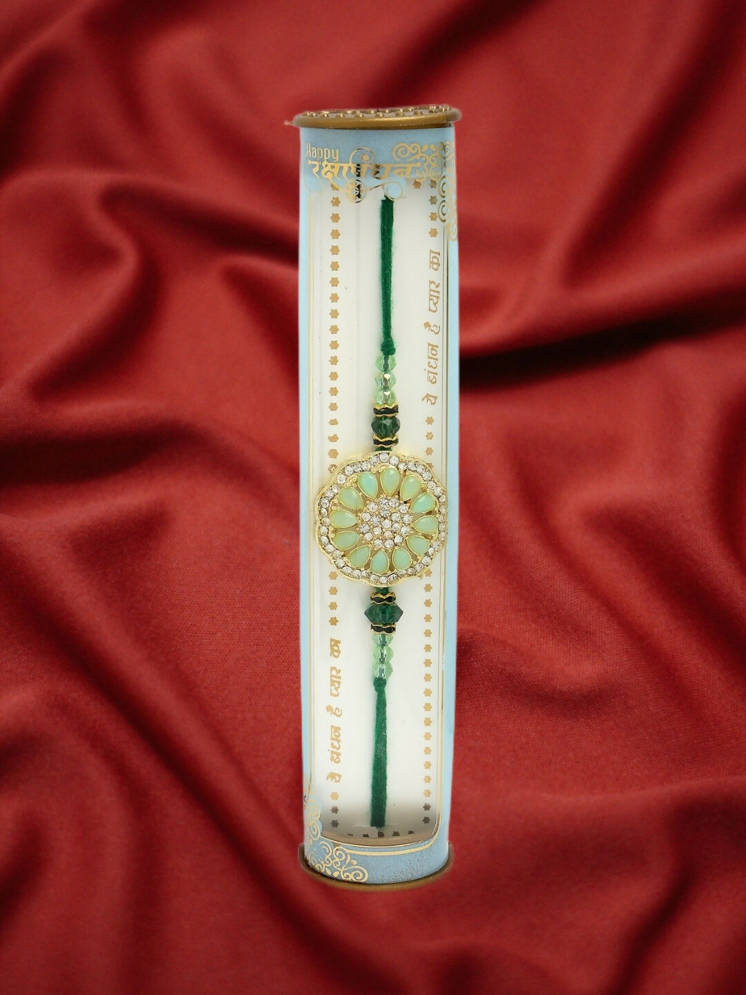 NVR Men Green Stone-Studded Rakhi With Roli Chawal & Chocolate - Distacart
