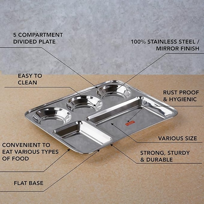 Sumeet Stainless Steel Rectangular 5 in 1 Compartment Lunch/Dinner Plate - small - Dista