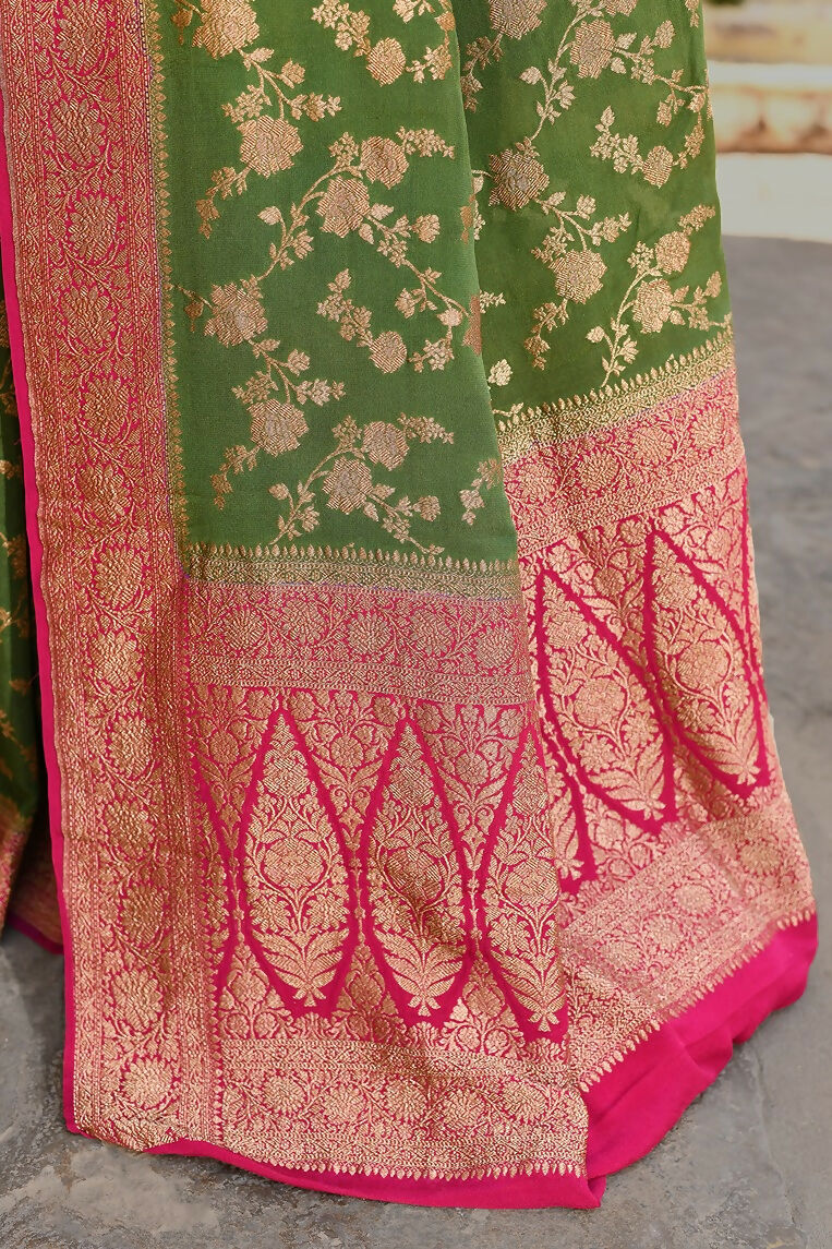 Joban Fashion Green Crepe Chiffon Pure Handloom Banarasi Silk Saree