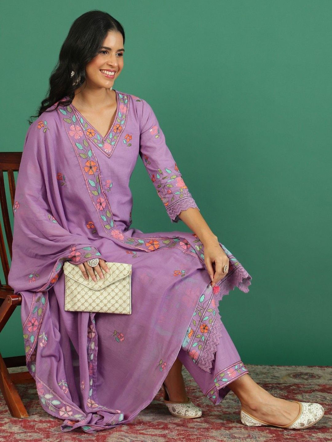 Sangria Embroidered V- Neck Kurta & Trousers With Dupatta - Distacart