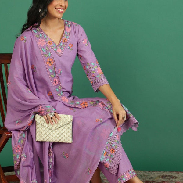 Sangria Embroidered V- Neck Kurta & Trousers With Dupatta - Distacart