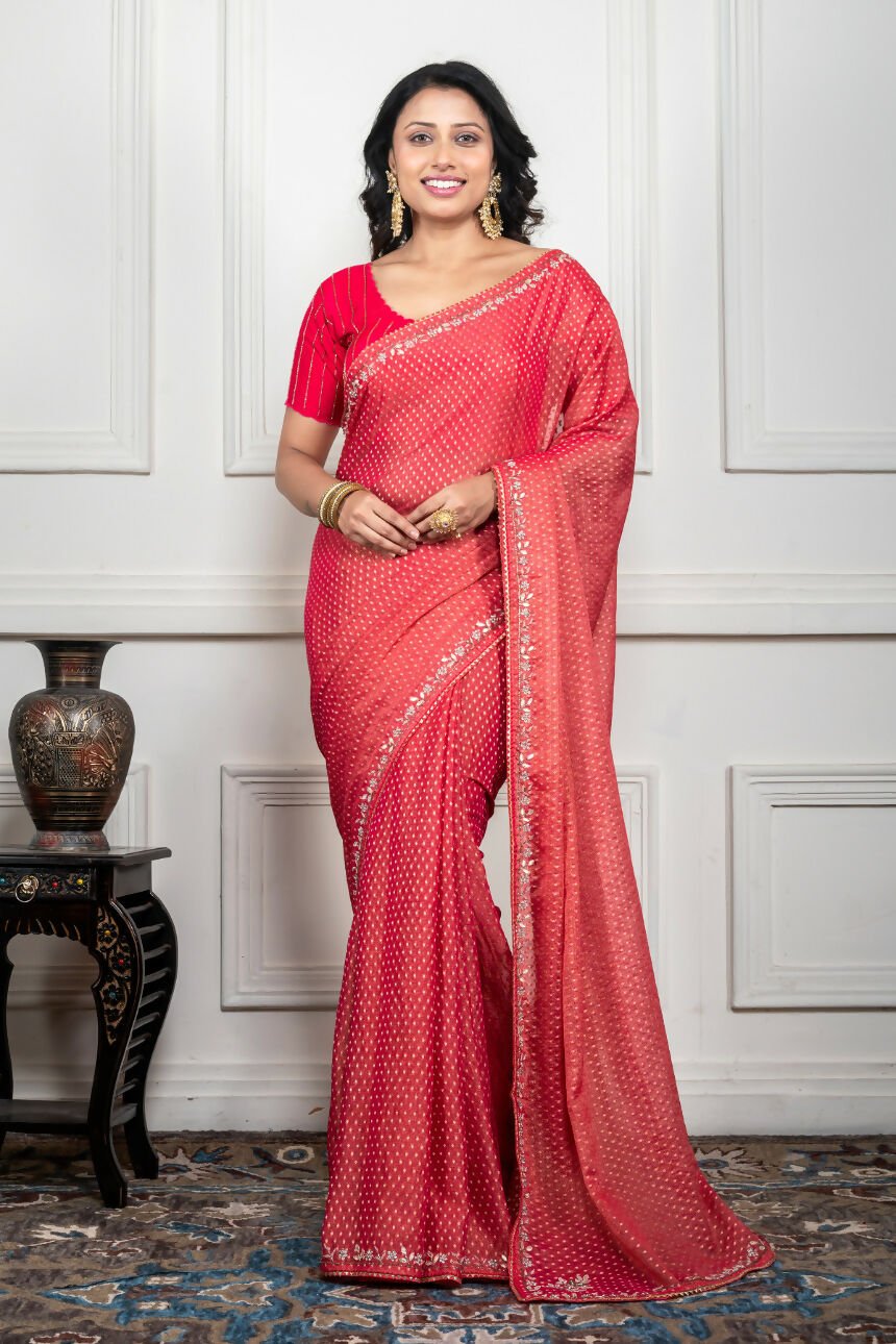 Morchari Pink Pure Chiffon Hand Embroidery Saree And Stitched Blouse - Distacart