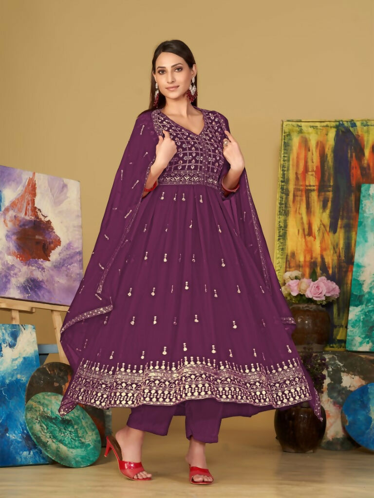 Jyoti Fashion Women's Purple Georgette Embroidered Anarkali Kurta Pant Set With Dupatta - Distacart