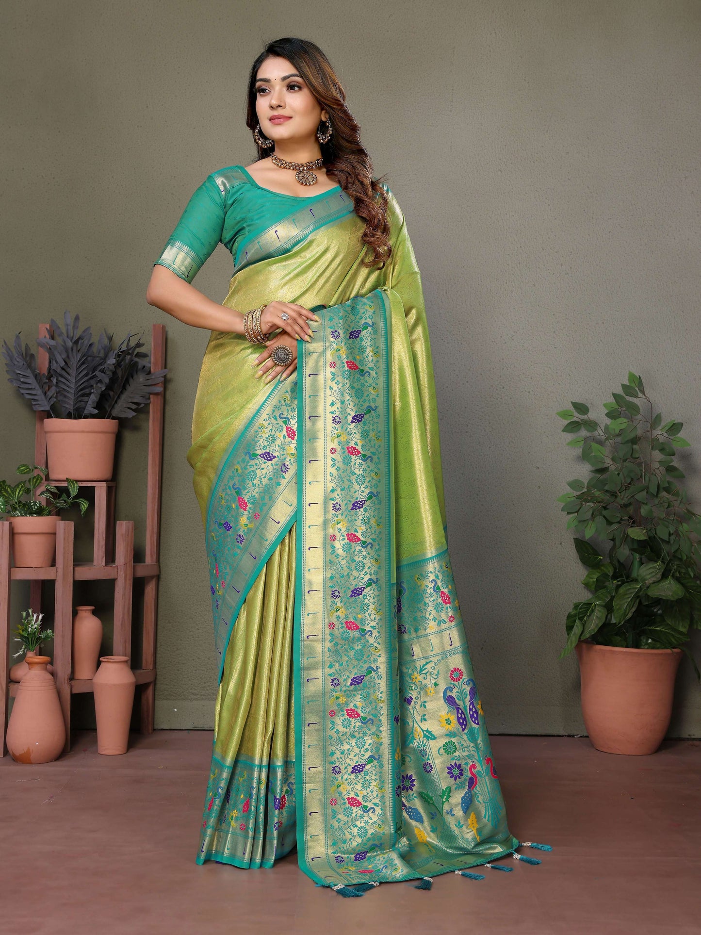 Aastha Fashion Pista Tissue Silk Paithani Woven Saree - Distacart