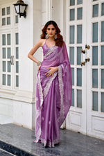 Thumbnail for Vastranavya Lavender Embroidery Work Shimmer Chiffon Saree with Unstitched Blouse
