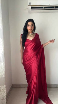 Thumbnail for Malishka Satin Silk Solid Ready To Wear Saree With Blouse Piece - Maroon - Distacart
