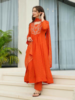 Thumbnail for The52 Orange Women's Gorgeous Embroidered Chinon Fabric Flared Kurta Pant and Dupatta Set - Distacart