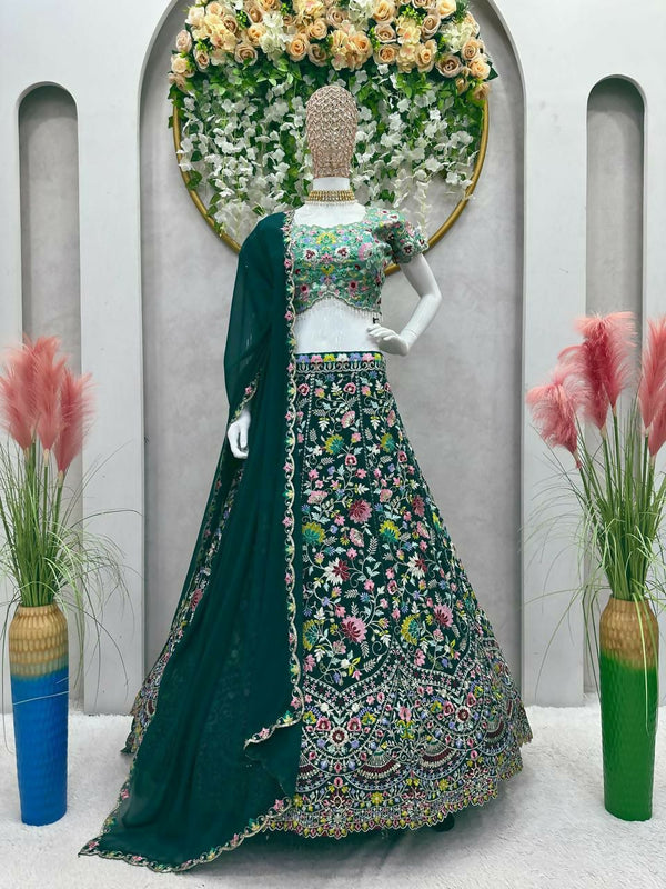 Jyoti Fashion Women's Bottle Green Faux Georgette Sequins with Thread Embroidered Designer Lehenga Choli Set - Distacart