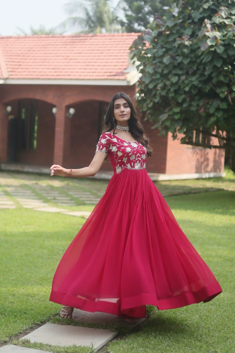 Jyoti Fashion Women's Rani Pink Sequins Embroidered Faux Georgette Anarkali Dress - Distacart