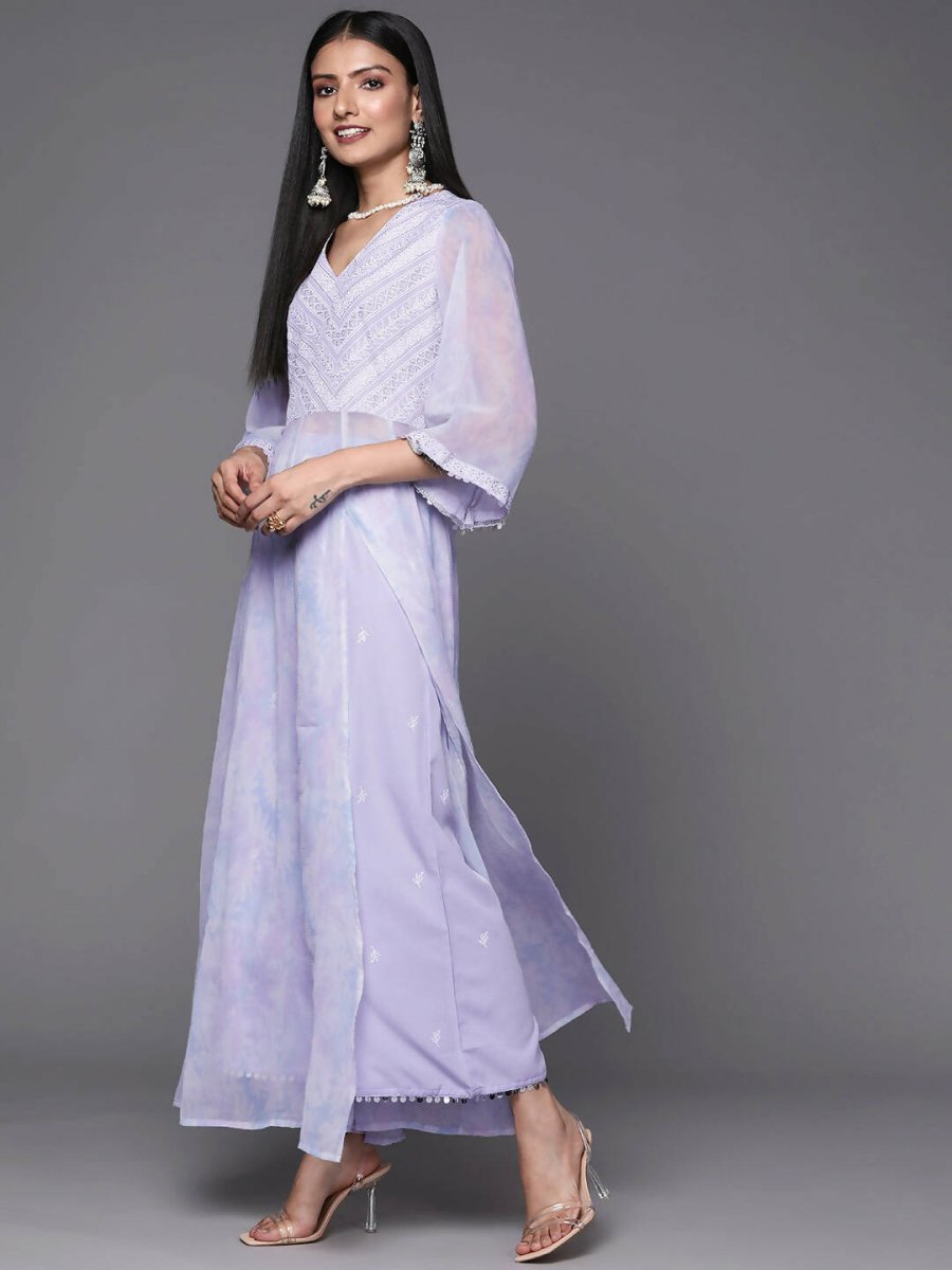 Ahalyaa Lavender & White Floral Printed High Slit Sequined Kurta with Palazzos - Distacart