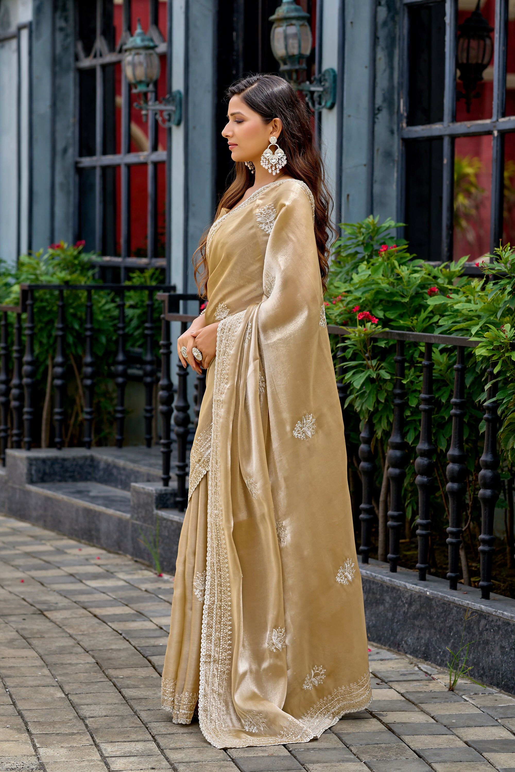 Vastranavya Beige Embroidery Work Shimmer Chiffon Saree with Unstitched Blouse