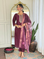 Thumbnail for The52 Wine Women's Gorgeous Rayon Fabric Embroidered Work Straight Kurta Pant and Dupatta Set - Distacart