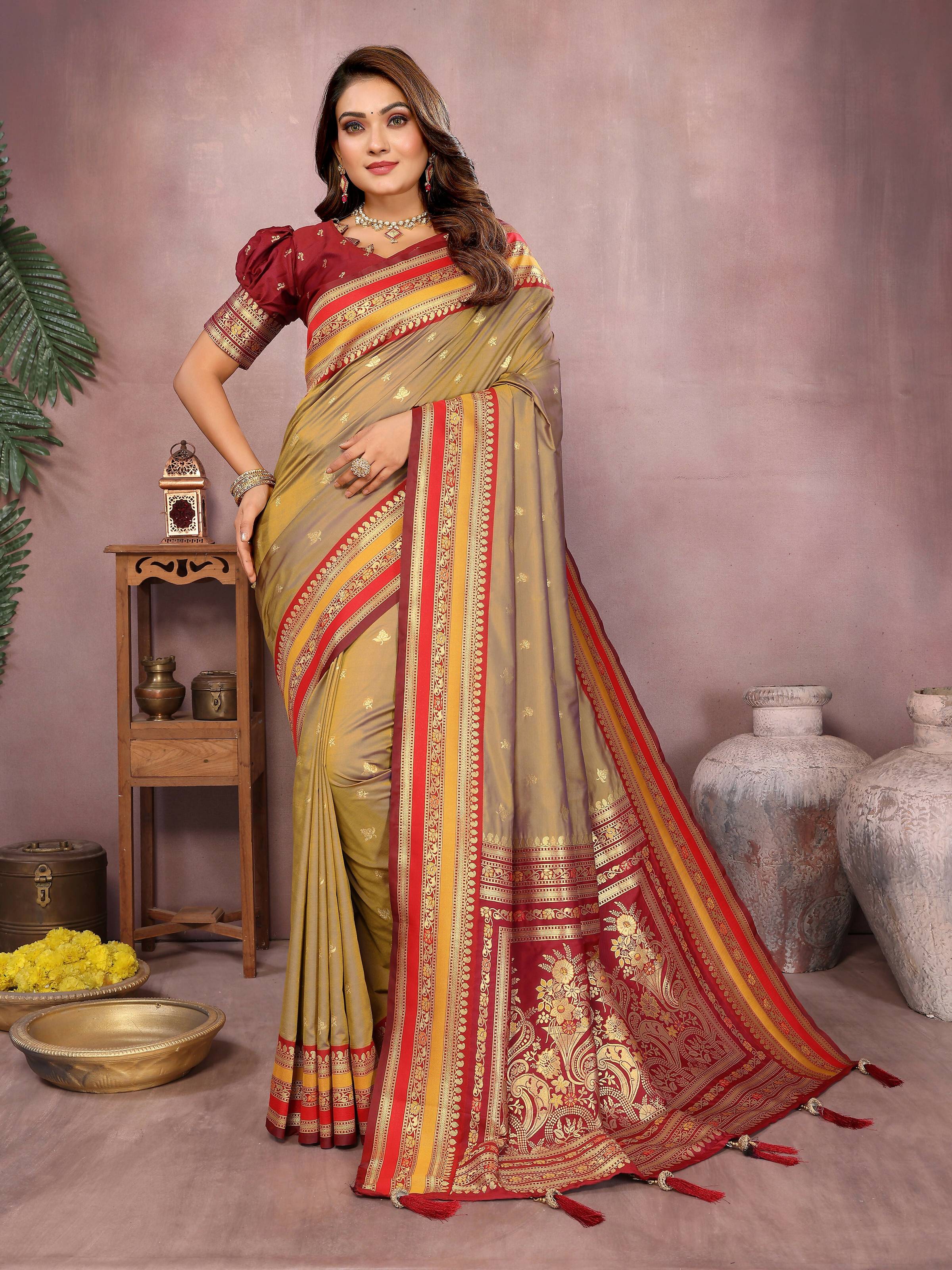 Aastha Fashion Khaki Kalamkari Silk Weaving Saree - Distacart