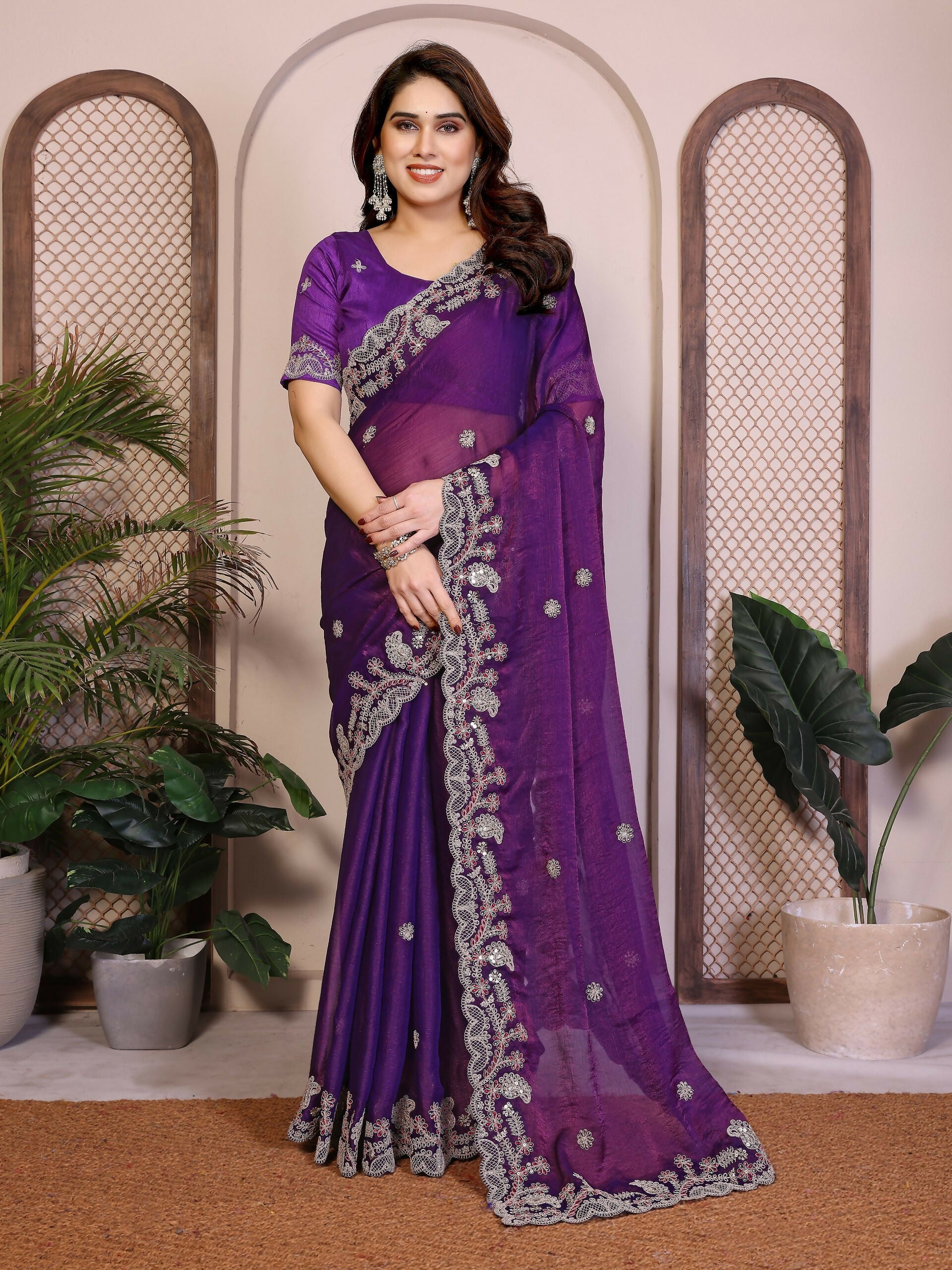 Teeya Creation New Womens Latest Party Wear Soft Chiffon Silk Saree-Purple - Dista