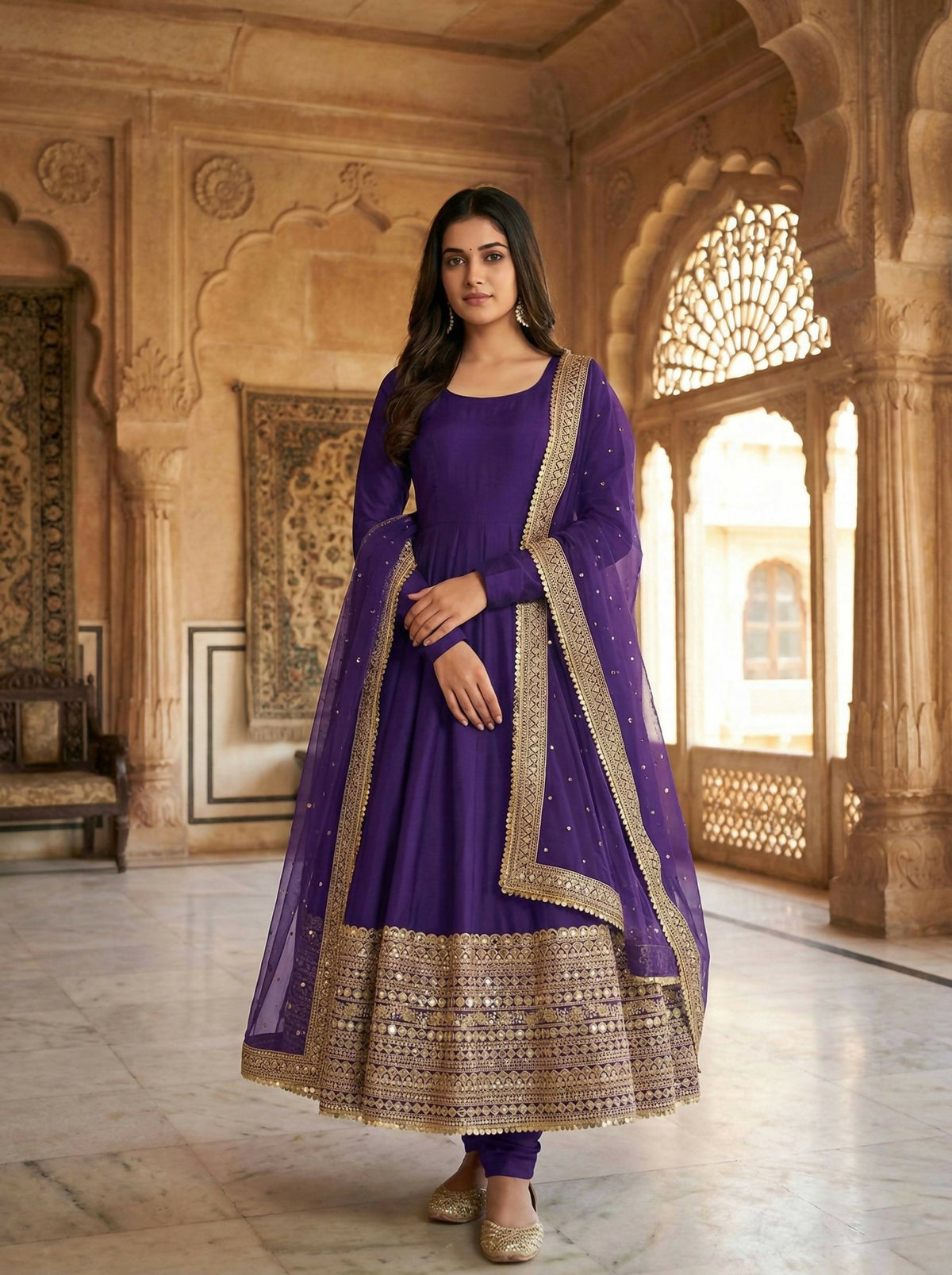 Teeya Creation Purple Color Roman Silk Embroidery Work Party Wear Gown