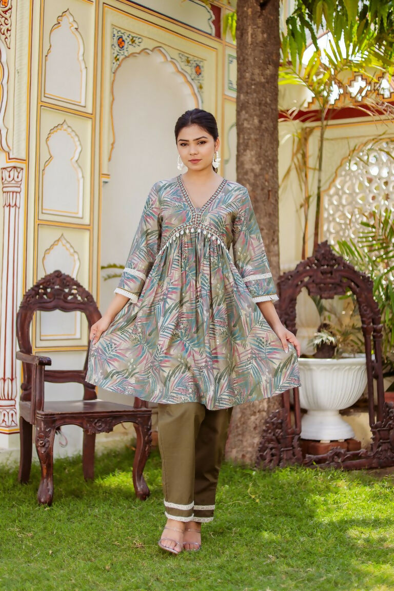 Vaasva Women Olive Green Muslin Floral Print Alia cut Kurta & Pant (Cord set) - Distacart