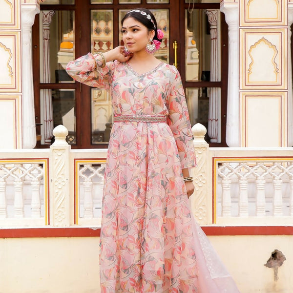 Vaasva Women White Organza Floral Print & Embroidered Anarkali Kurta, Pant & Dupatta set - Distacart