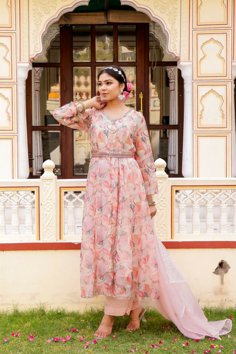 Vaasva Women White Organza Floral Print & Embroidered Anarkali Kurta, Pant & Dupatta set - Distacart