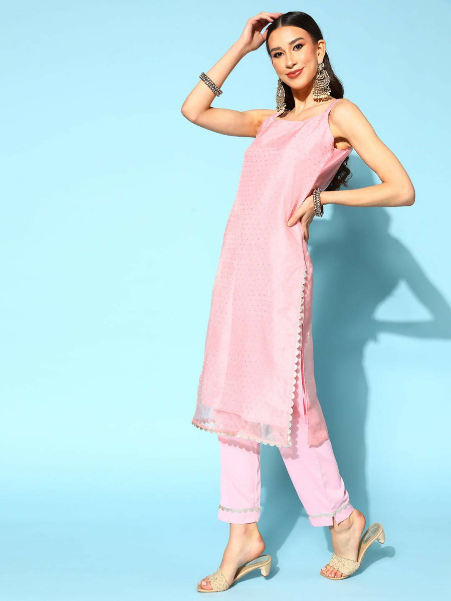 Ahalyaa Women Pastel Pink Colour Organza Glitter Printed Kurta Pant Set With Dupatta - Distacart