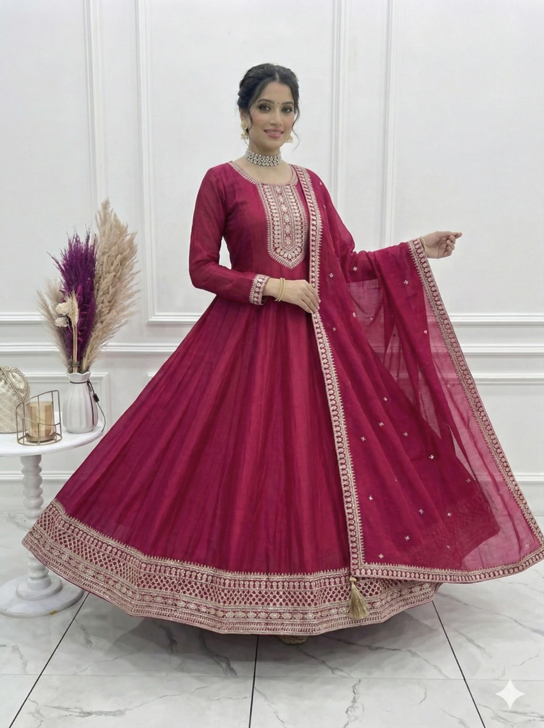 Teeya Creation Dark Rani Color Vichitra Silk Embroidery Work Party Wear Long Gown - Distacart
