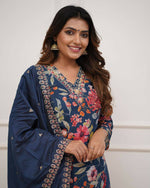 Thumbnail for The52 Blue Women's Gorgeous Printed Pure Russian Silk Fabric Straight Kurta Pant with Dupatta Set - Distacart