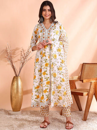Ode by House of Pataudi Thread Work Pure Cotton Anarkali Kurta with Trousers & Dupatta - Distacart