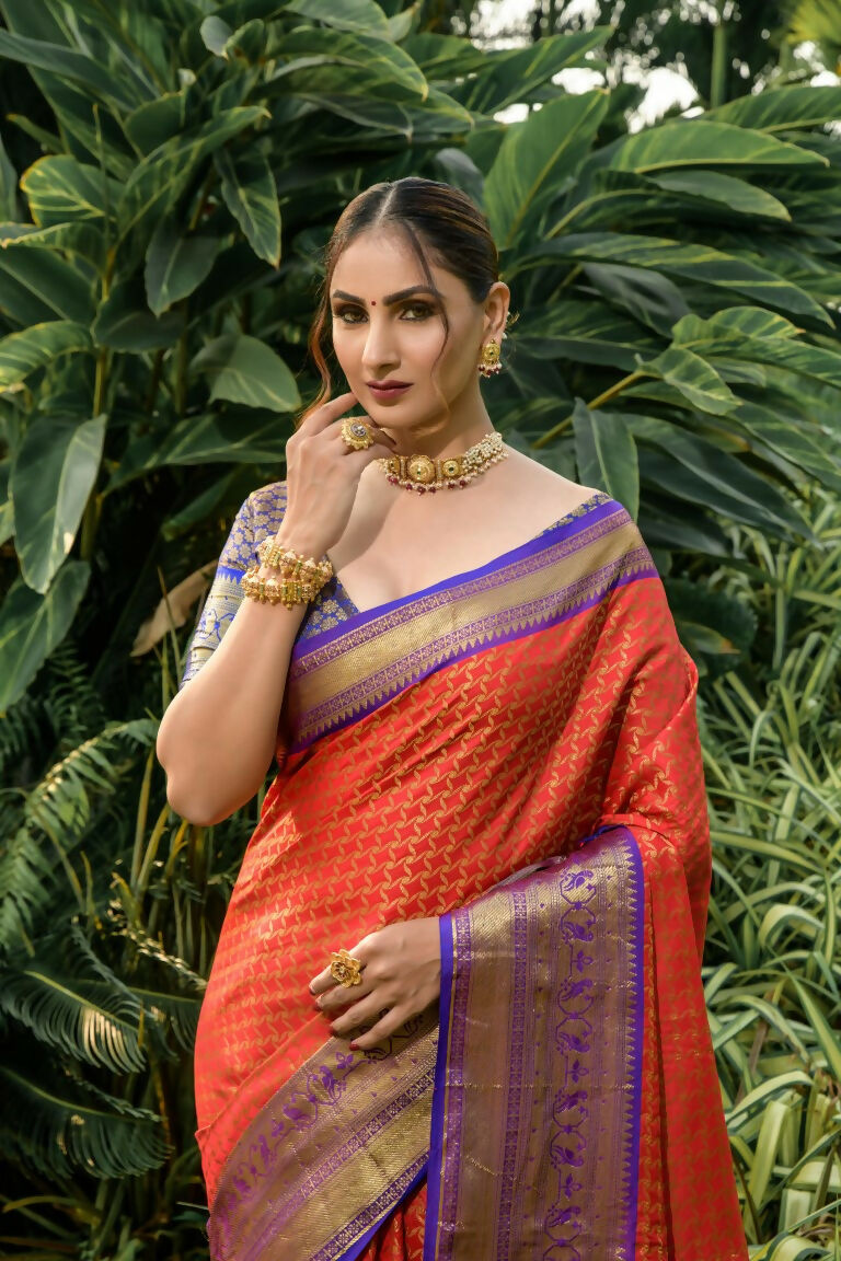 Jyoti Fashion Women's Orange Kanjivaram Silk Zari Woven Saree with Blouse - Distacart