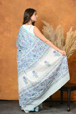 Thumbnail for Very Much Indian Handblock Printed Cotton Saree With Natural Dyes - White - Distacart