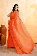 Thumbnail for Piyari Fashion Women's Orange Embellished Cotton Blend Zari Check Handloom Saree - Distacart