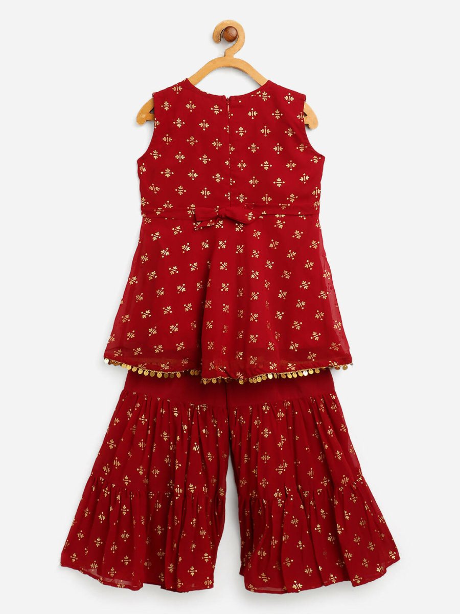 Ahalyaa Maroon Georgette Gold Foil Print Kids Peplum style Kurta Sharara Set With Dupatta For Girls - Distacart
