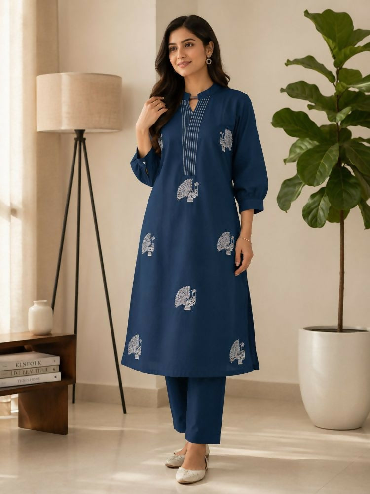 Teeya Creation Women Blue Cotton Printed Kurta with Trousers Co-ord Set - Dista