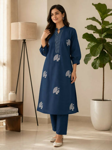 Teeya Creation Women Blue Cotton Printed Kurta with Trousers Co-ord Set - Dista
