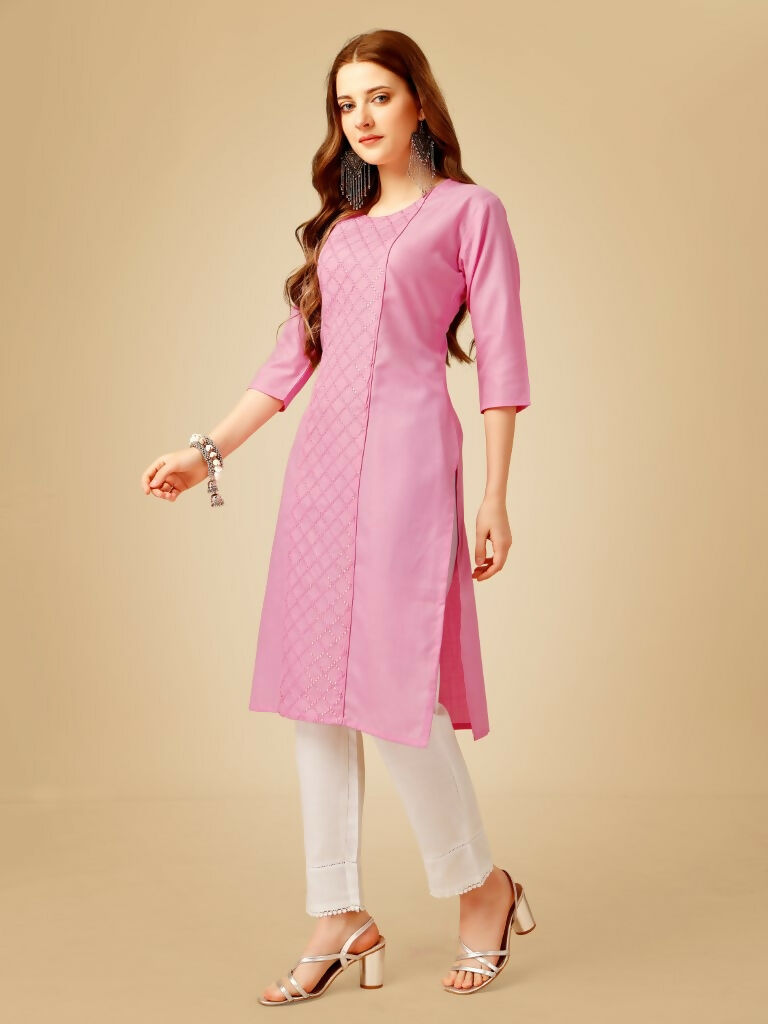 Jyoti Fashion Women's Pink Cotton Blend Embroidered Kurta Pant Set - Distacart