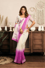 Thumbnail for Vastranavya White Lavender Digital Printed Linen Ready To Wear Designer Saree with Unstitched Blouse - Distacart