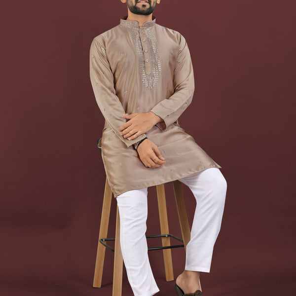 Anaita Brown Embroidered Silk Straight Kurta - Distacart