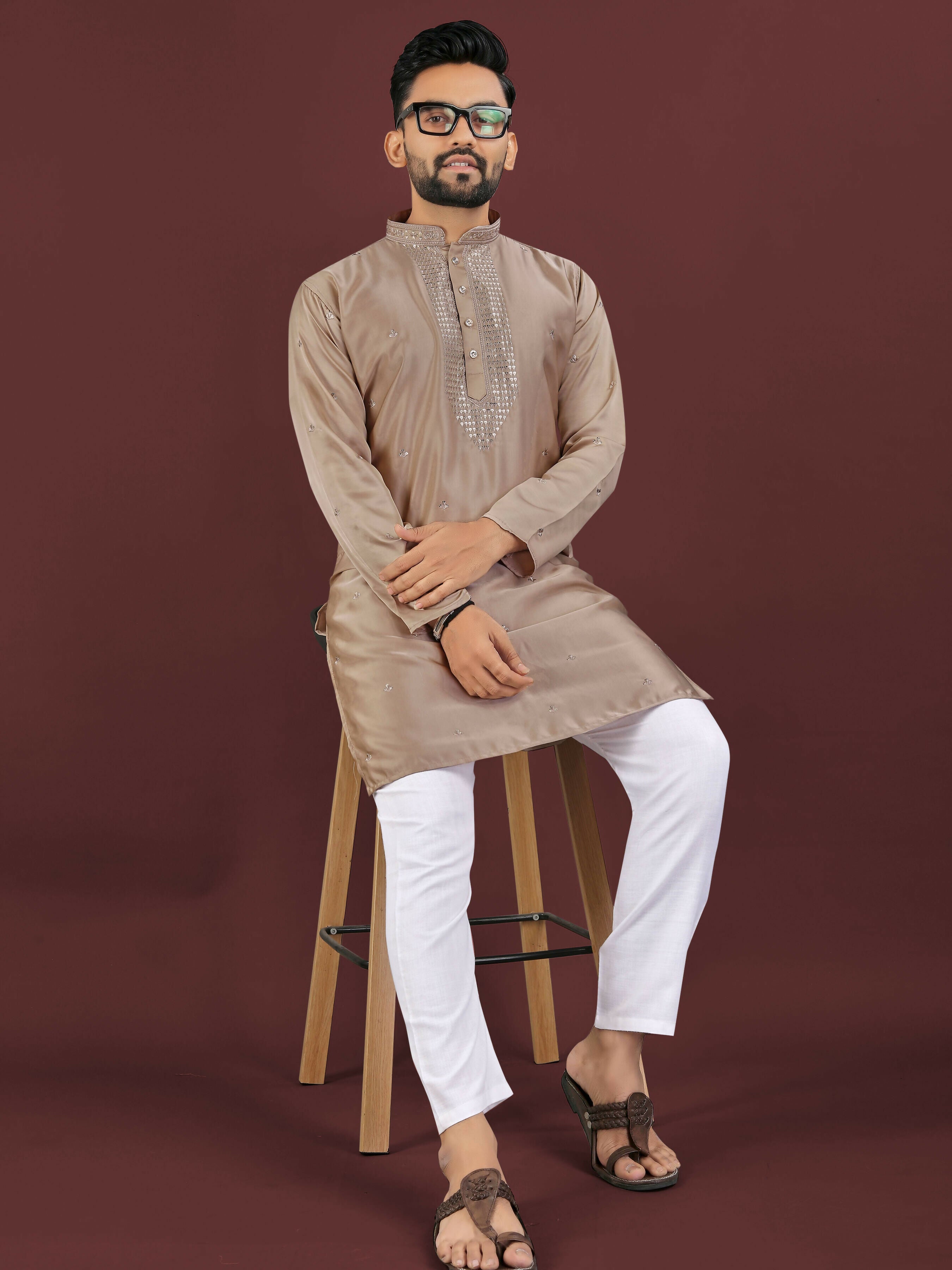 Anaita Brown Embroidered Silk Straight Kurta - Distacart