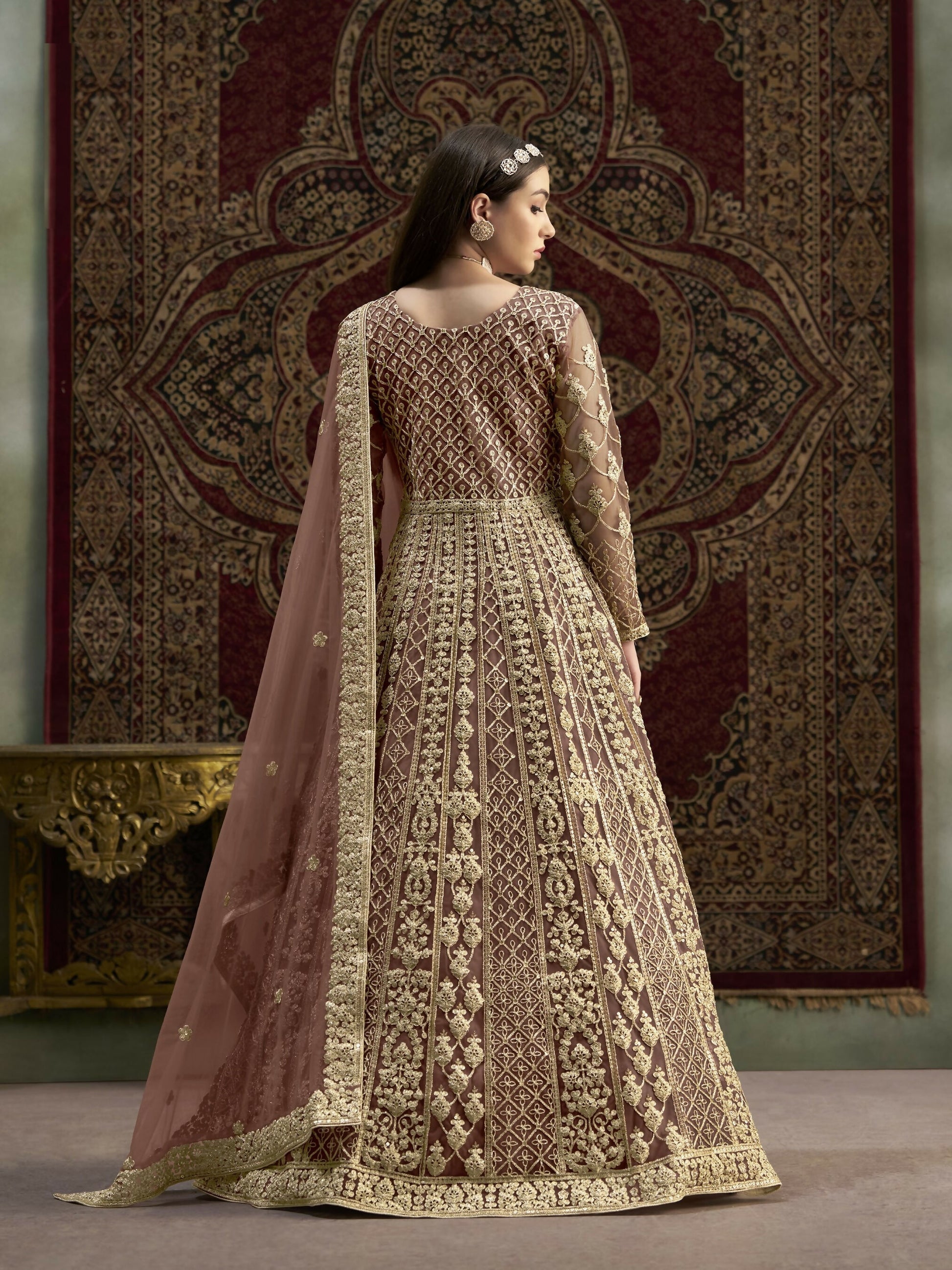 Anaita Coffee Embroidered Net Anarkali Suit - Distacart