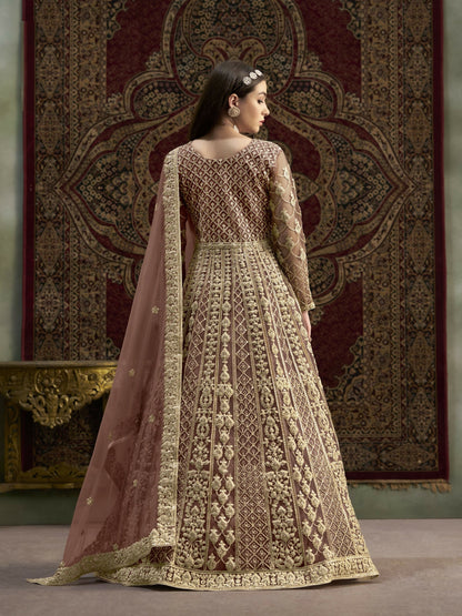 Anaita Coffee Embroidered Net Anarkali Suit - Distacart