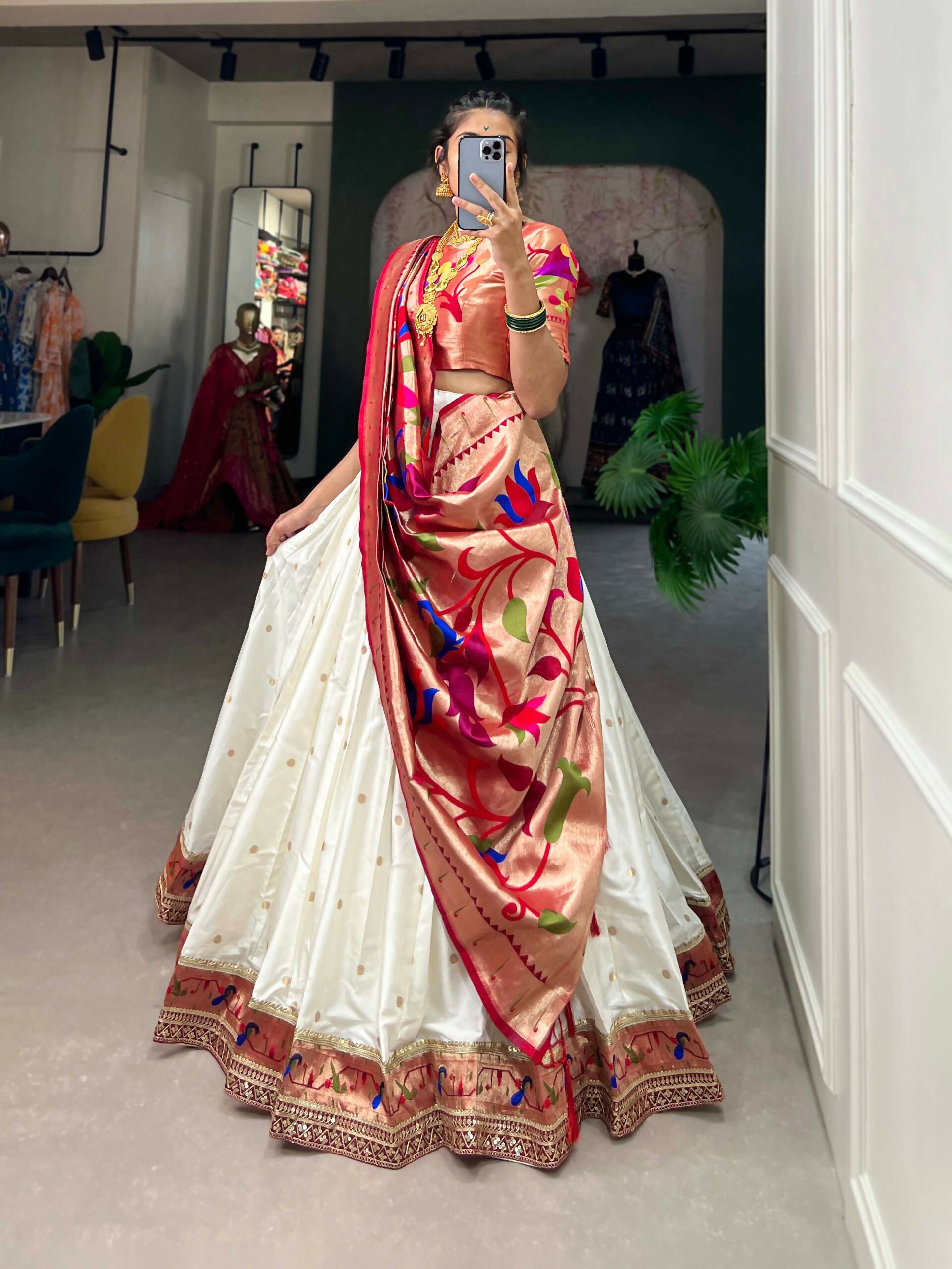 Vastranavya Perfect Classic And Contemporary Fashion Paithani Lehenga Choli - White - Distacart