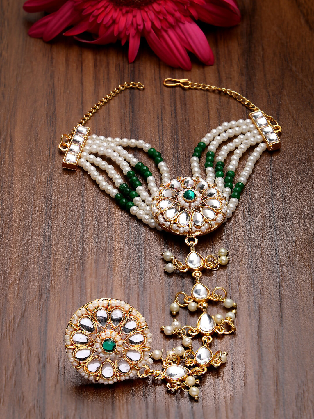 NVR Women's Green Gold-Polished Stone Studded Handcrafted Ring Bracelet - Distacart