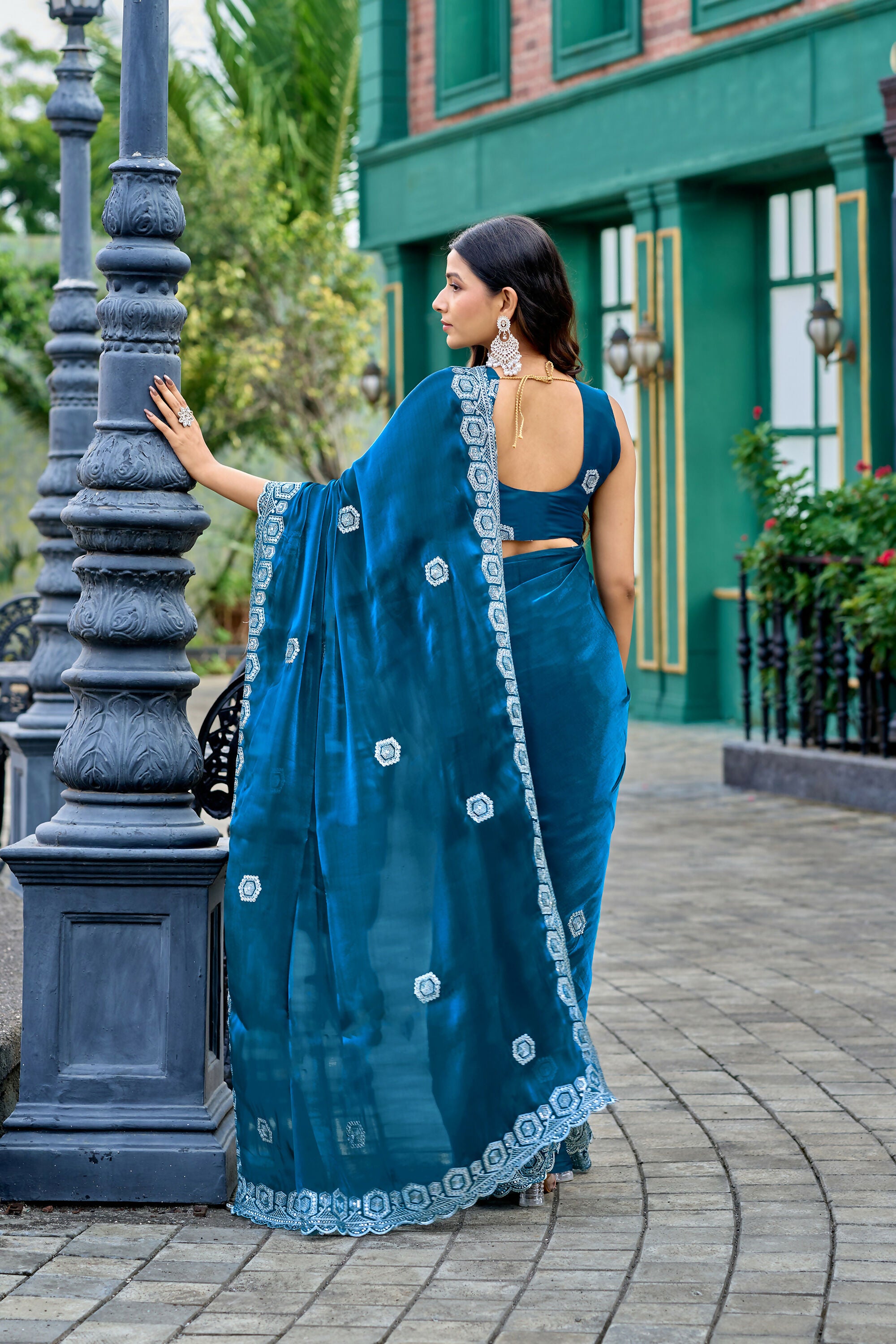 Vastranavya Teal Embroidery Work Shimmer Chiffon Saree with Unstitched Blouse